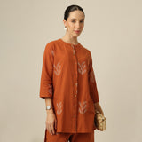 Nyla Co-Ord Set Of 2 - Long Line Shirt & Pants - Orange With Embroidery