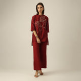 Women Maroon Chanderi Silk Longline Shirt with Lotus Hand Embroidery & Pants Co-ord set