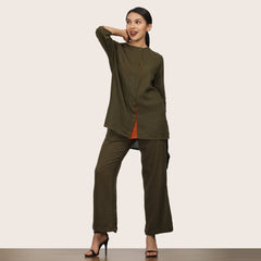Nyla Co-Ord Set Of 2 - Long Line Shirt & Pants - Olive Green