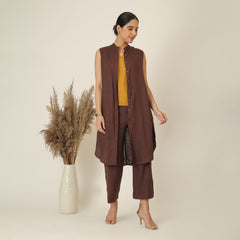 Wendy Set Of 3 - Sleeveless Shrug,Top & Pants - Coffee Brown & Mustard