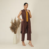 Wendy Set Of 3 - Sleeveless Shrug,Top & Pants - Coffee Brown & Mustard