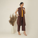 Wendy Set Of 3 - Sleeveless Shrug,Top & Pants - Coffee Brown & Mustard