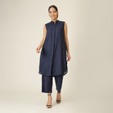 Dahlia Sleeveless Long Shirt - Navy Blue