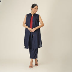 Wendy Set Of 3 - Sleeveless Shrug,Top & Pants - Navy Blue & Maroon