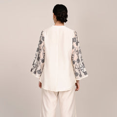 Sylvia Co-Ord Set Of 2 - Bell Sleeves Short Tunic & Pants With Hand Embroidered Motif - Limited Edition - Pearl White Chanderi Silk