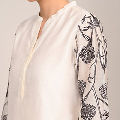 Sylvia Tunic - With Hand Embroidered Motif - Limited Edition - Pearl White Chanderi Silk