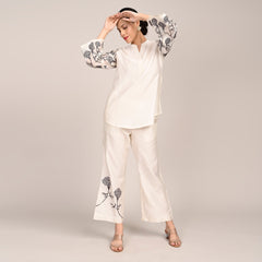 Sylvia Co-Ord Set Of 2 - Bell Sleeves Short Tunic & Pants With Hand Embroidered Motif - Limited Edition - Pearl White Chanderi Silk