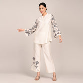 Sylvia Co-Ord Set Of 2 - Bell Sleeves Short Tunic & Pants With Hand Embroidered Motif - Limited Edition - Pearl White Chanderi Silk