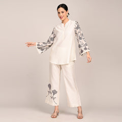 Sylvia Co-Ord Set Of 2 - Bell Sleeves Short Tunic & Pants With Hand Embroidered Motif - Limited Edition - Pearl White Chanderi Silk