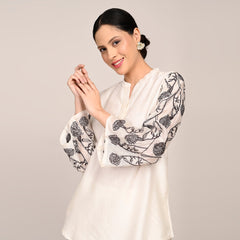 Sylvia Tunic - With Hand Embroidered Motif - Limited Edition - Pearl White Chanderi Silk