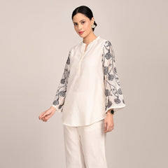 Sylvia Tunic - With Hand Embroidered Motif - Limited Edition - Pearl White Chanderi Silk