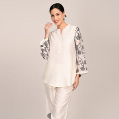 Sylvia Co-Ord Set Of 2 - Bell Sleeves Short Tunic & Pants With Hand Embroidered Motif - Limited Edition - Pearl White Chanderi Silk