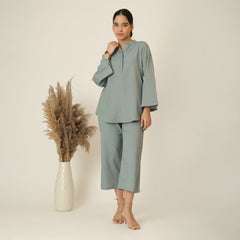 Sylvia Co-Ord Set Of 2 - Bell Sleeves Short Tunic & Pants - Agave Green