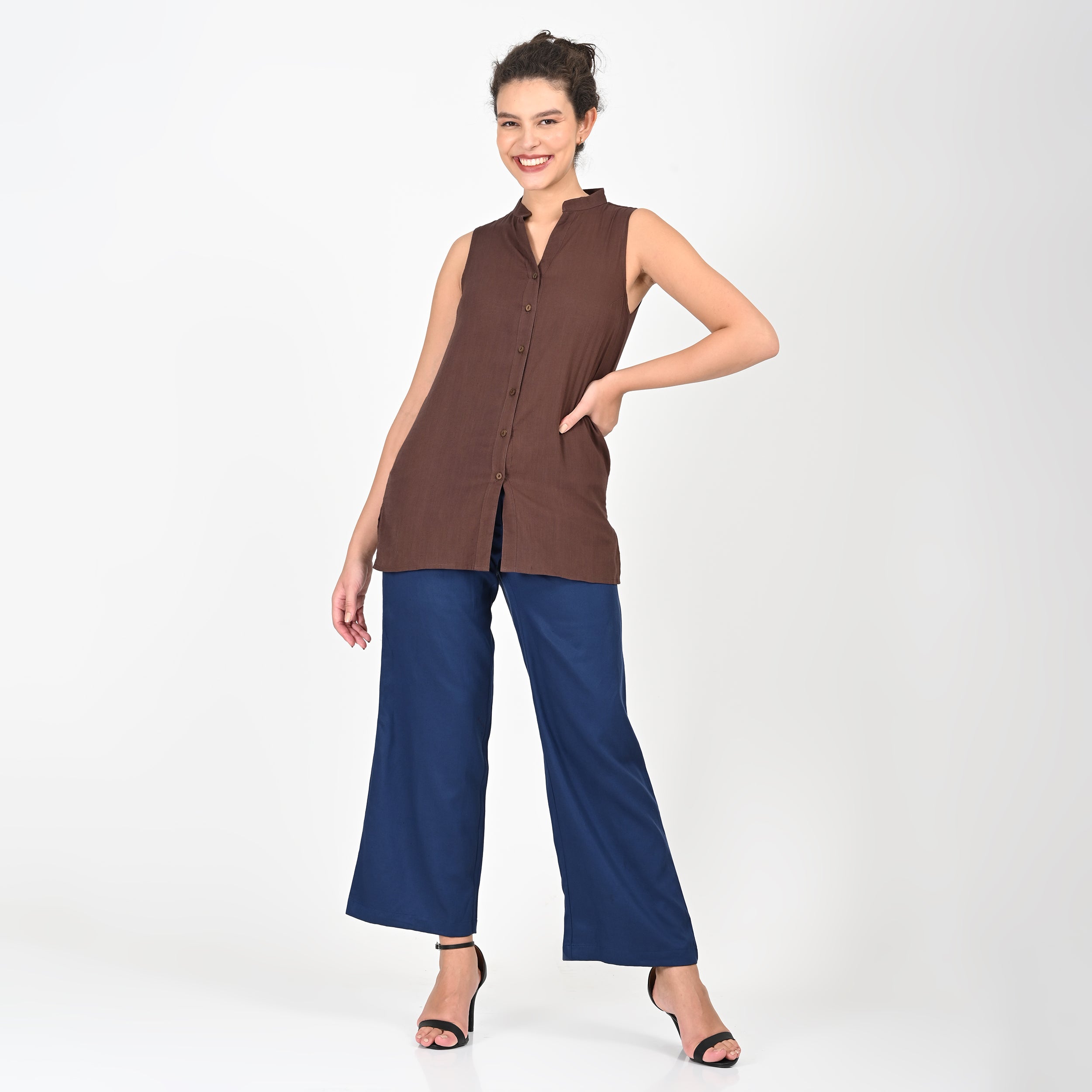 Saltpetre Women Piece Sleeveless Outfit Set In Natural Brown Blue For Formal Or Casual Wear Organic Cotton