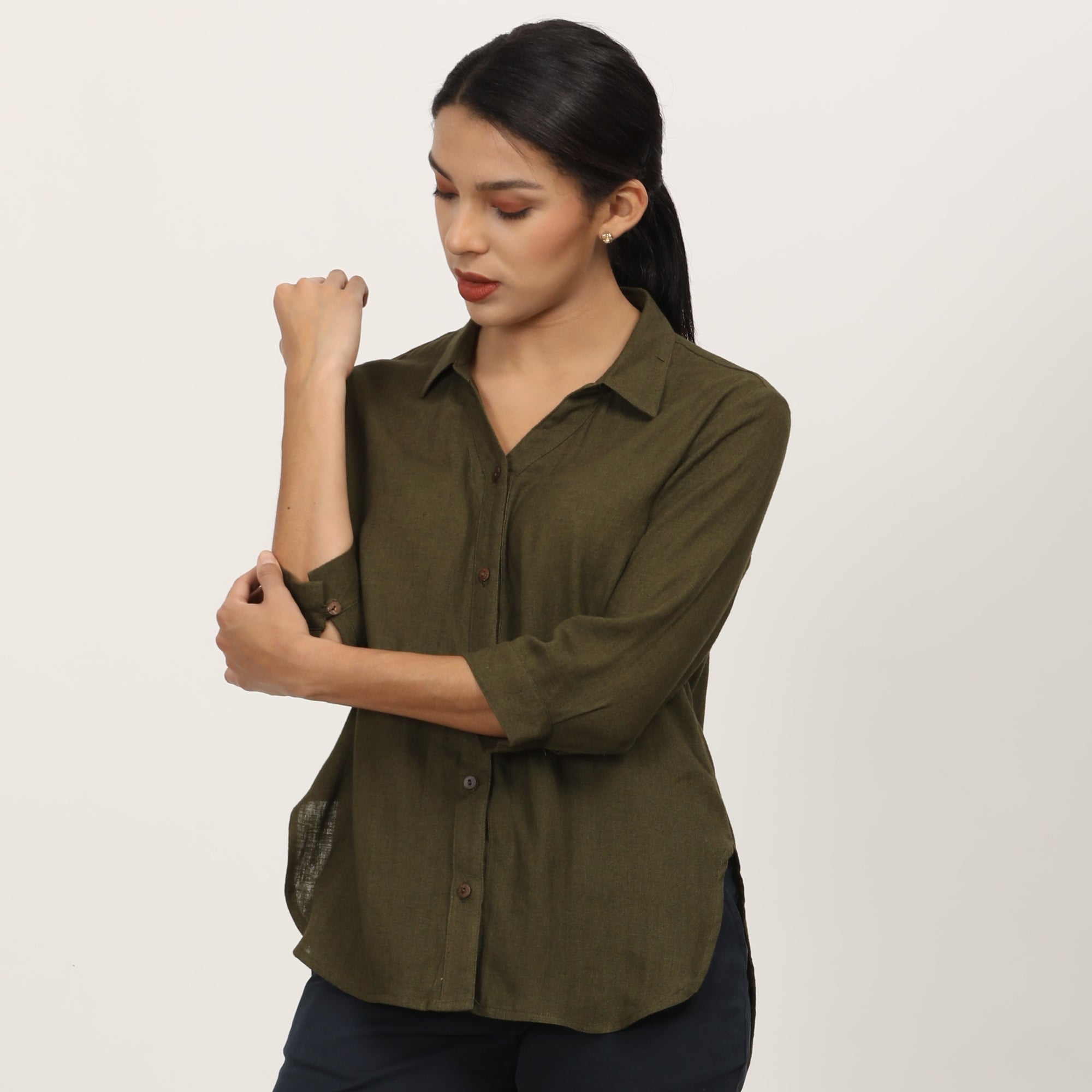 Saltpetre Women 3/4 Sleeve Shirt In Natural Olive Green For Formal Or Casual Wear - Linen Saltpetre Women 3/4 Sleeve Shirt In Natural Olive Green For Formal Or Casual Wear - Linen