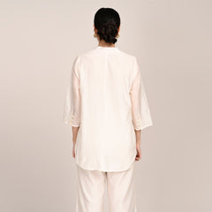 Sherry Single Pleated Split V Neck Tunic With Hand Embroidered Motif - Limited Edition - Pearl White Chanderi Silk