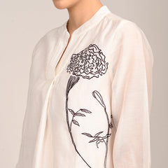 Sherry Single Pleated Split V Neck Tunic With Hand Embroidered Motif - Limited Edition - Pearl White Chanderi Silk