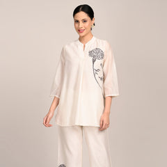 Sherry Single Pleated Split V Neck Tunic With Hand Embroidered Motif - Limited Edition - Pearl White Chanderi Silk