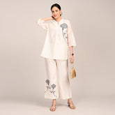 Sherry Co-Ord Set Of 2 - Tunic & Pants With Hand Embroidered Motif - Limited Edition - Pearl White Chanderi Silk
