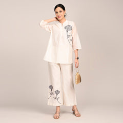 Sherry Co-Ord Set Of 2 - Tunic & Pants With Hand Embroidered Motif - Limited Edition - Pearl White Chanderi Silk