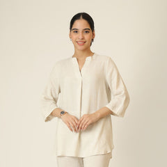 Sherry Single Pleated Split V Neck Tunic - Beige