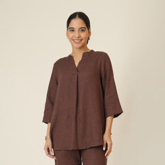 Sherry Single Pleated Split V Neck Tunic - Coffee Brown