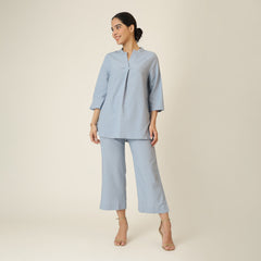 Sherry Single Pleated Split V Neck Tunic - Dusty Blue