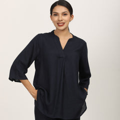 Sherry Single Pleated Split V Neck Tunic - Navy