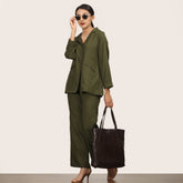 Barbara Co-Ord Set Of 2 - Blazer Shirt & Pants - Olive Green