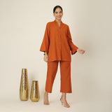 Demi Co-ord Set - Bell Sleeves Shirt & Pant - Autumn Rust