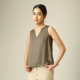 Ivy Split V-Neck Top - Olive Green