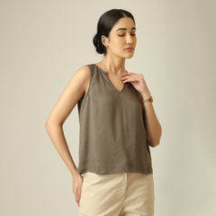 Ivy Split V-Neck Top - Olive Green