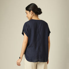 Rumi Linen Top - Navy Blue