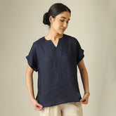 Rumi Linen Top - Navy Blue