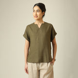 Rumi Linen Top - Olive Green