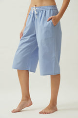Saltpetre womens casual knee length culotte shorts with side pockets, in citadel blue in 100% organic cotton fabric.