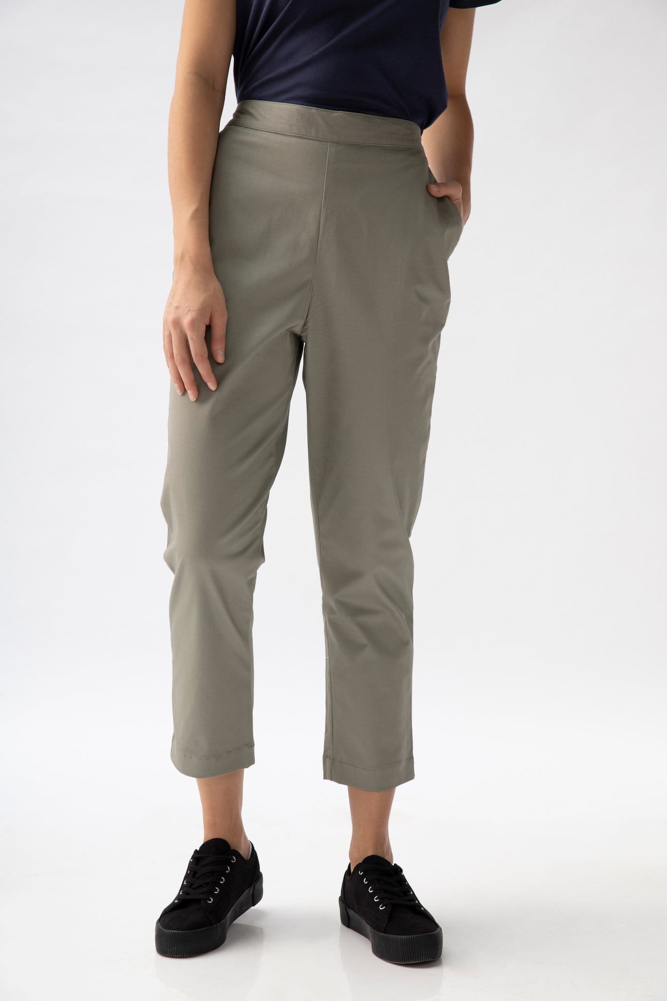 Saltpetre womens casual and formal wear pants, in khaki-grey, 100% organic cotton fabric, indo-western wear in ankle length pants and deep pockets