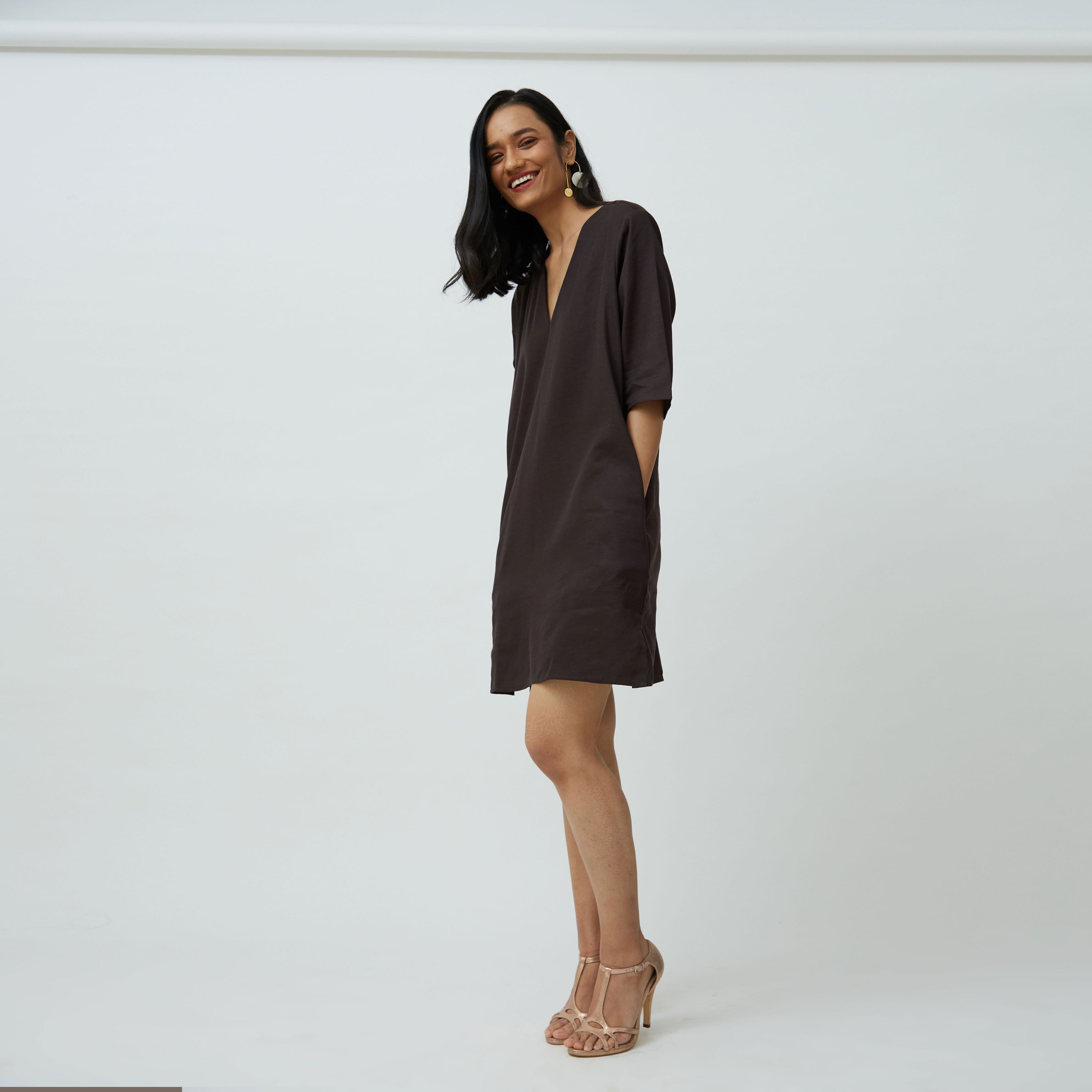 Women's V Neck Midi Shift Dress in Coffee brown - SaltPetre Saltpetre Women's V Neck Midi Shift Dress in Coffee brown - SaltPetre Saltpetre