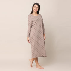 Night Dress - Taupe With All Over Pine Tree Print