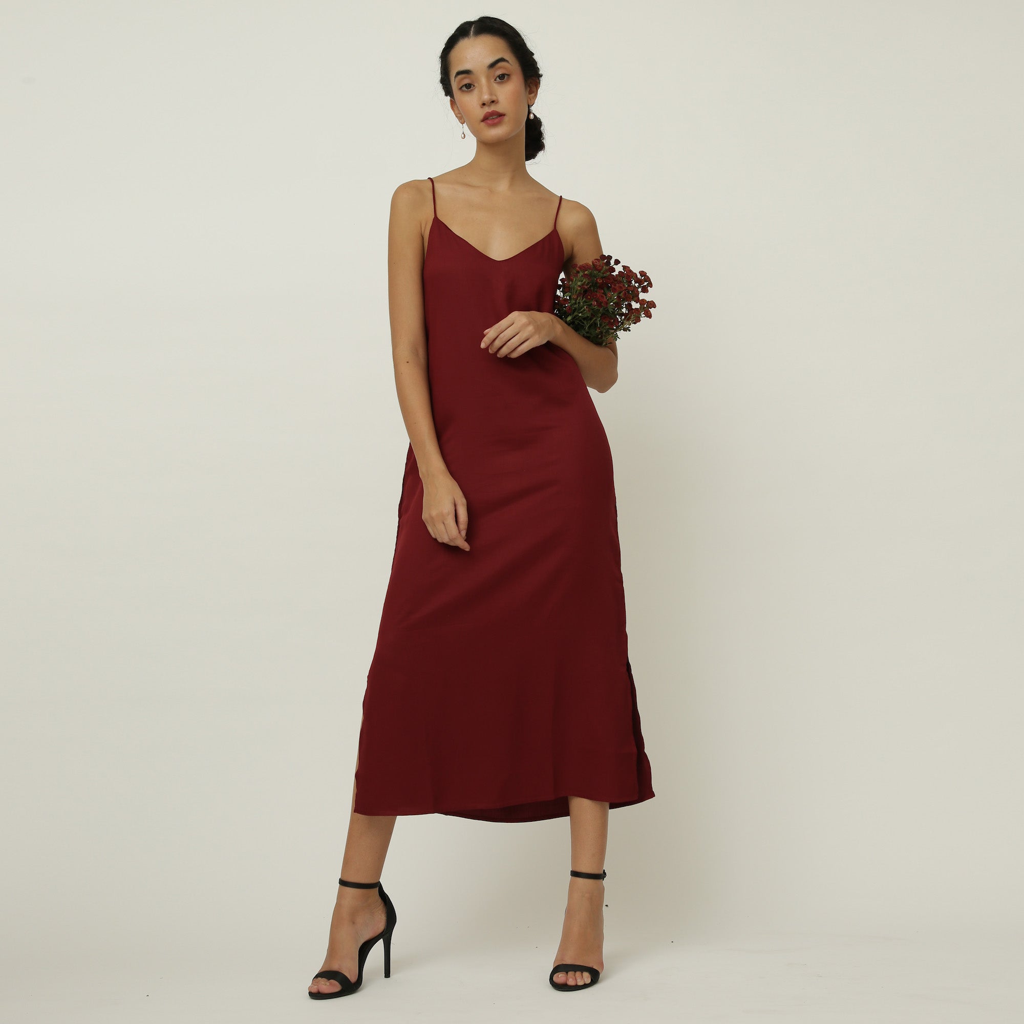 Saltpetre Women Slip Dress In Natural Maroon For Formal Wear - Cotton, Linen Saltpetre Women Slip Dress In Natural Maroon For Formal Wear - Cotton, Linen