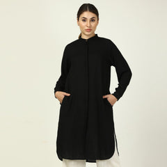 Florence Mandarin Collar Long Shirt - Black