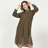 Florence Mandarin Collar Long Shirt - Olive With Ecru Contrast Edging