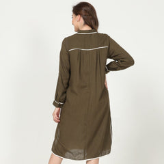 Florence Mandarin Collar Long Shirt - Olive With Ecru Contrast Edging