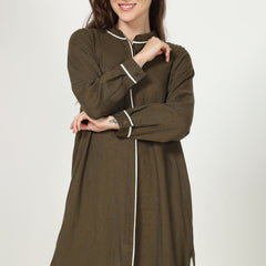 Florence Mandarin Collar Long Shirt - Olive With Ecru Contrast Edging
