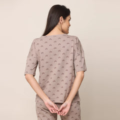 Oversized Pajama Top - Taupe With All Over Pine Tree Print