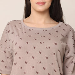 Oversized Pajama Top - Taupe With All Over Pine Tree Print