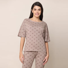 Oversized Pajama Top - Taupe With All Over Pine Tree Print
