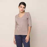 V-Neck Long Sleeve Tee - Taupe