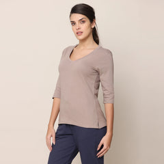 V-Neck Long Sleeve Tee - Taupe