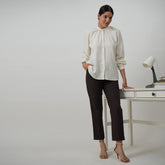 Shoji Set of 2 - Gather Neck Top & Pants - Textured White & Coffee Brown